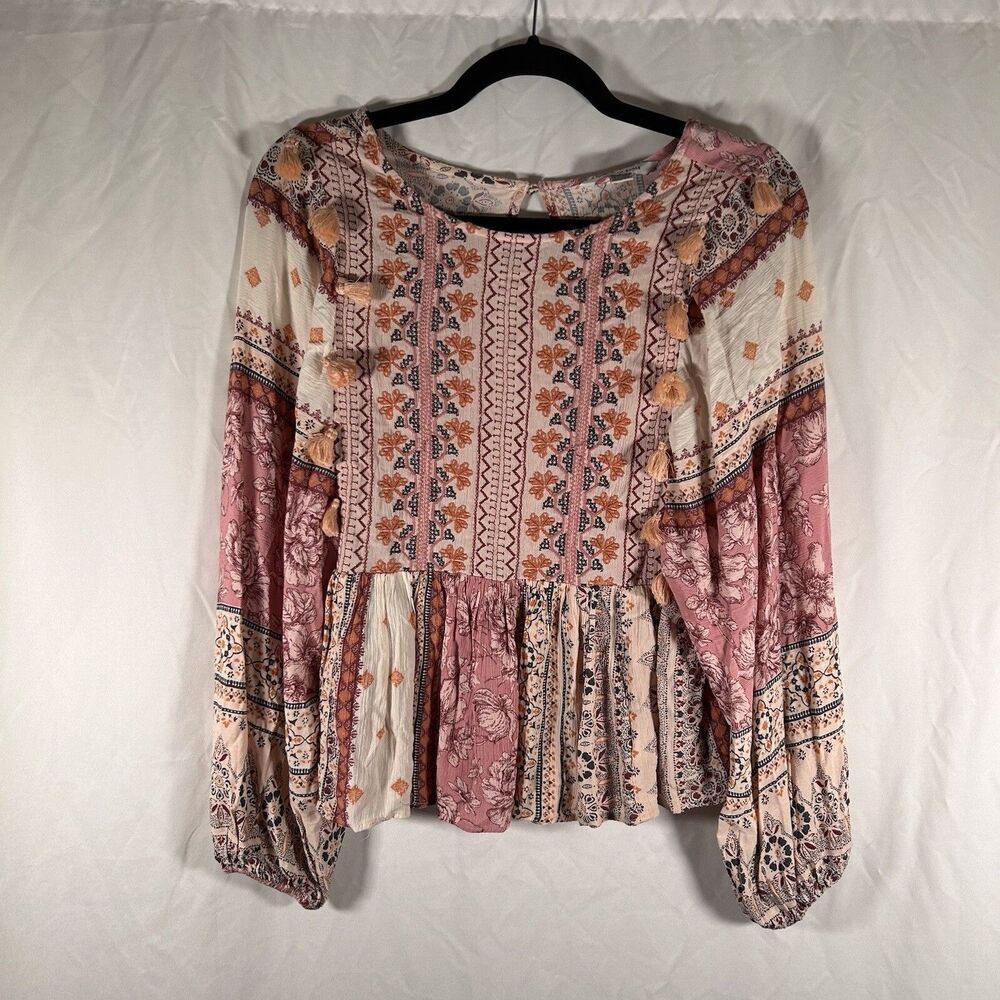American Eagle Blouse Women's XS Pink White Floral Embroidery Long Sleeve Viscos